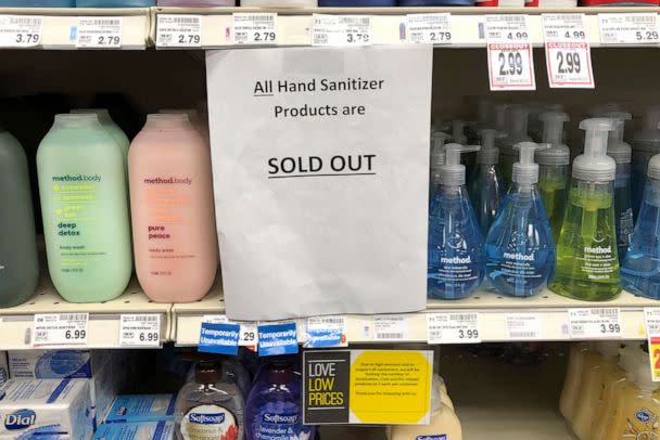 PHOTO: A sign on a shelf at a QFC grocery store in Kirkland, Wash., advises shoppers, March 3, 2020, that all hand sanitizer products are sold out. (Ted S. Warren/AP)