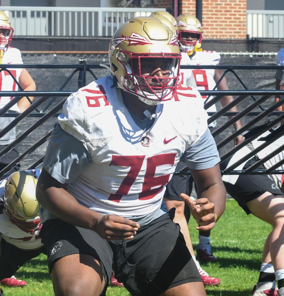 Florida State football players take part in drills during FSU final spring football practice of the 2023 season on Monday, April 17, 2023.