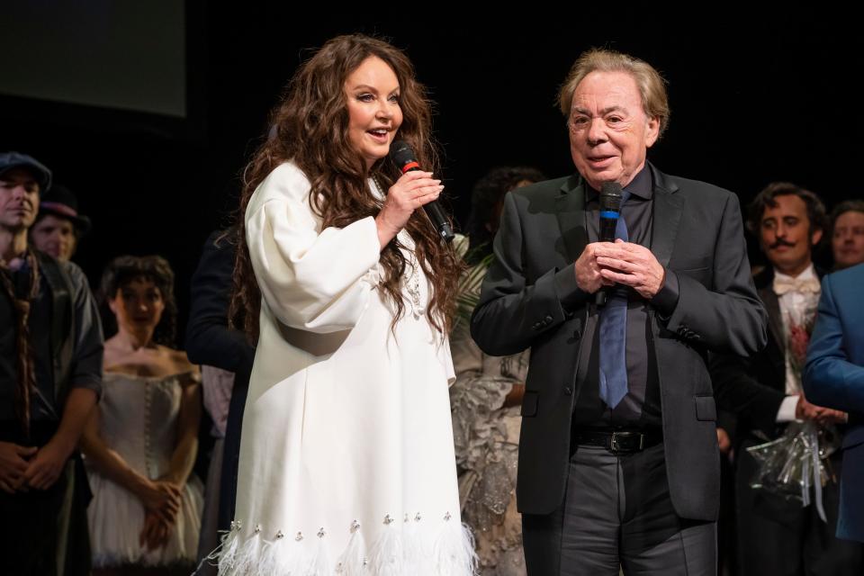 Sarah Brightman, left, and Andrew Lloyd Webber speak onstage during the final curtain call for "The Phantom of the Opera."