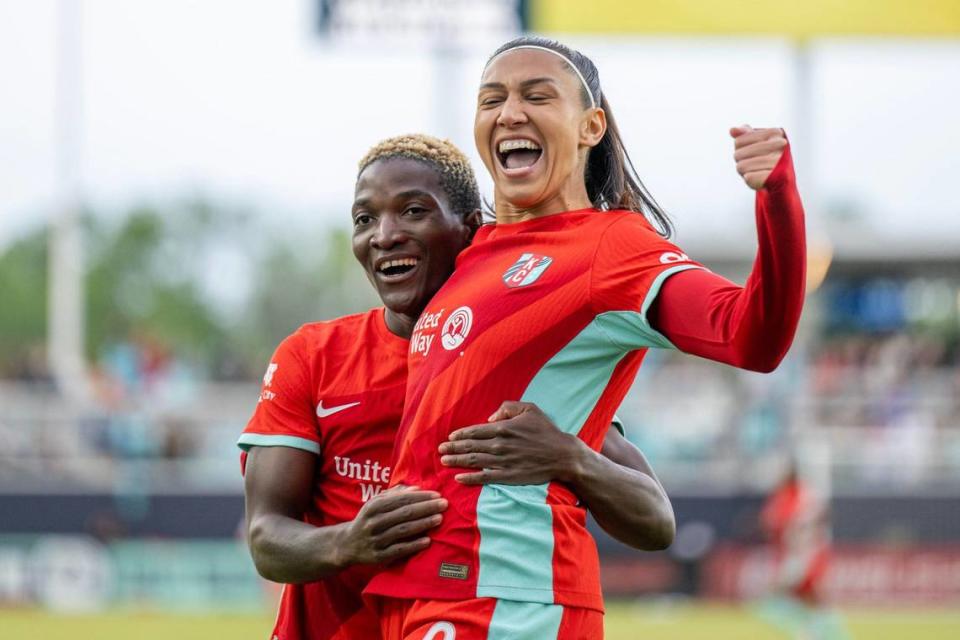 Kansas City Current forward Bia Zaneratto (9) celebrates a goal in the first half with forward Temwa Chawinga (6) during an NWSL game against Bay FC on Saturday, April 20, 2024, in Kansas City.