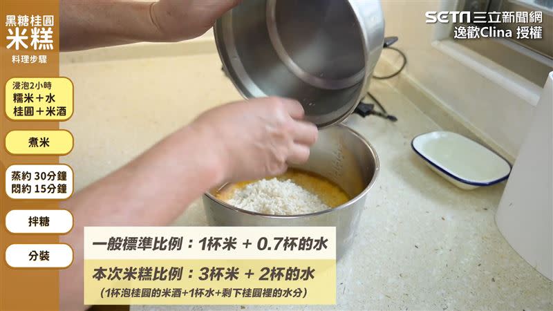 根據本次影片所使用的材料份量，3杯糯米須添加2杯的水（1杯泡桂圓的米酒+1杯水+桂圓本身的水分）。（圖／逸歡Clina 授權）