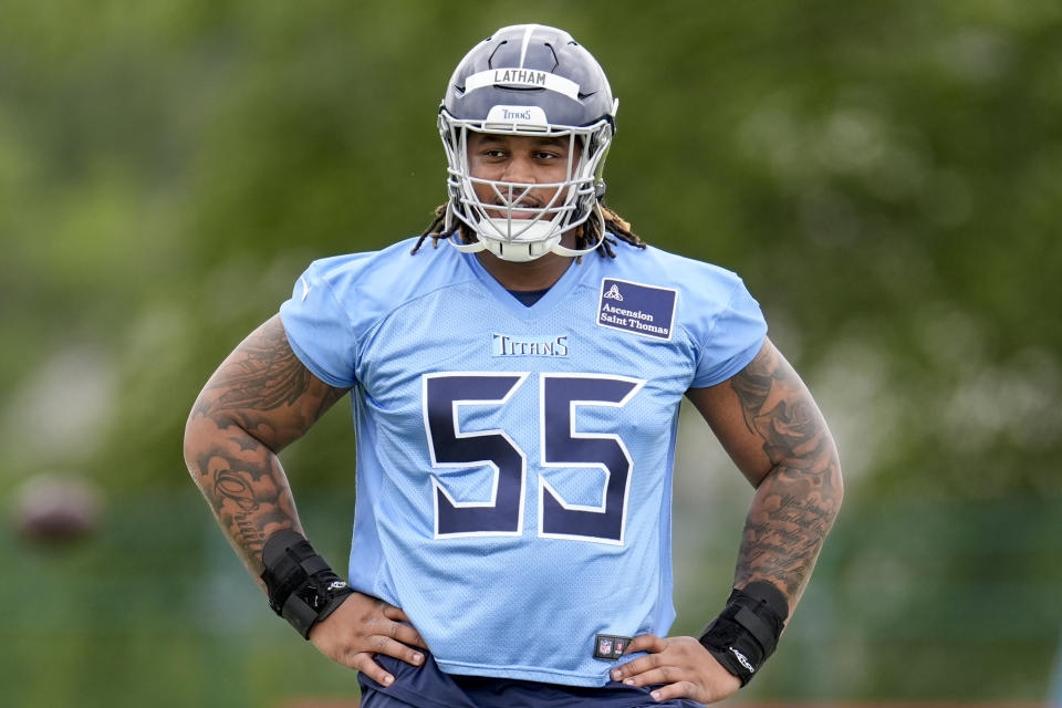 Tennessee Titans tackle first round draft pick JC Latham (55) participates in an NFL rookie minicamp football practice Friday, May 10, 2024, in Nashville, Tenn. (AP Photo/George Walker IV)