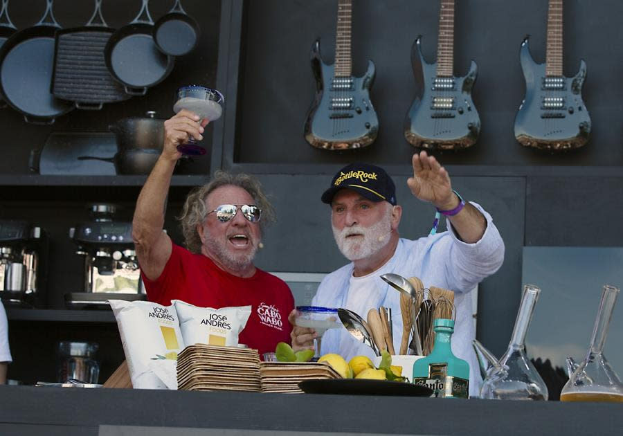 Singer-turned-tequila-mogul Sammy Hagar and chef beyond compare José Andrés got crazy at the Williams Sonoma Culinary Stage at BottleRock Napa, throwing jamon iberico slices into the big crowd and handing out shots. Only at BottleRock Napa! (Andy Gordon)