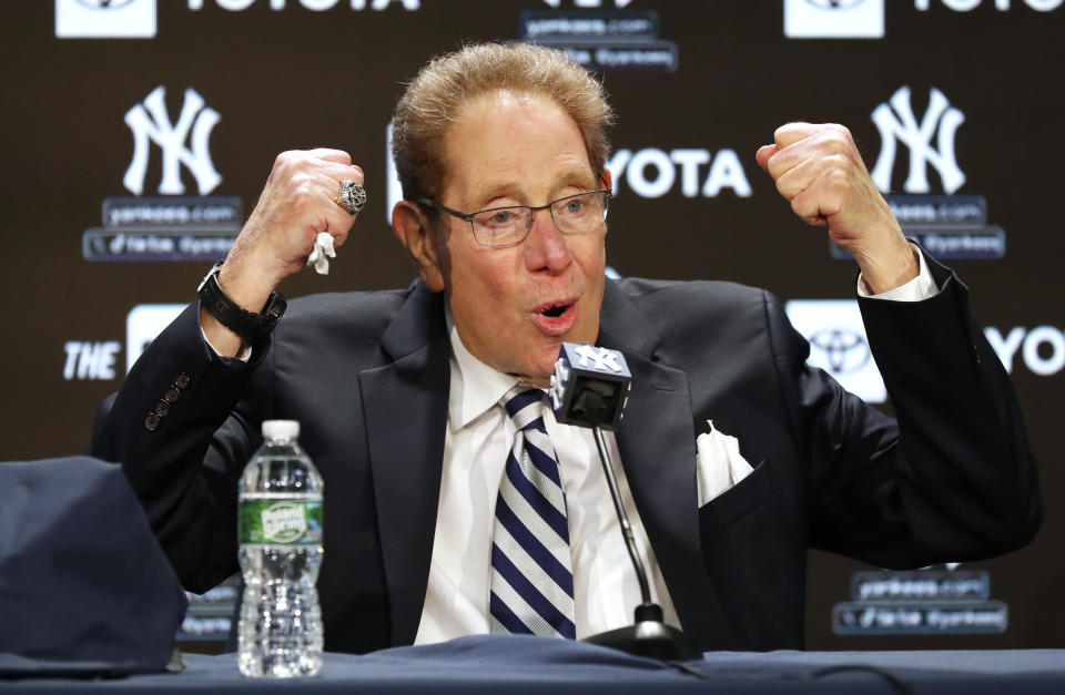 New York Yankees broadcaster John Sterling answers questions from reporters during a baseball press conference before a retirement ceremony at Yankee Stadium in New York, Saturday, April 20, 2024. (AP Photo/Noah K. Murray)