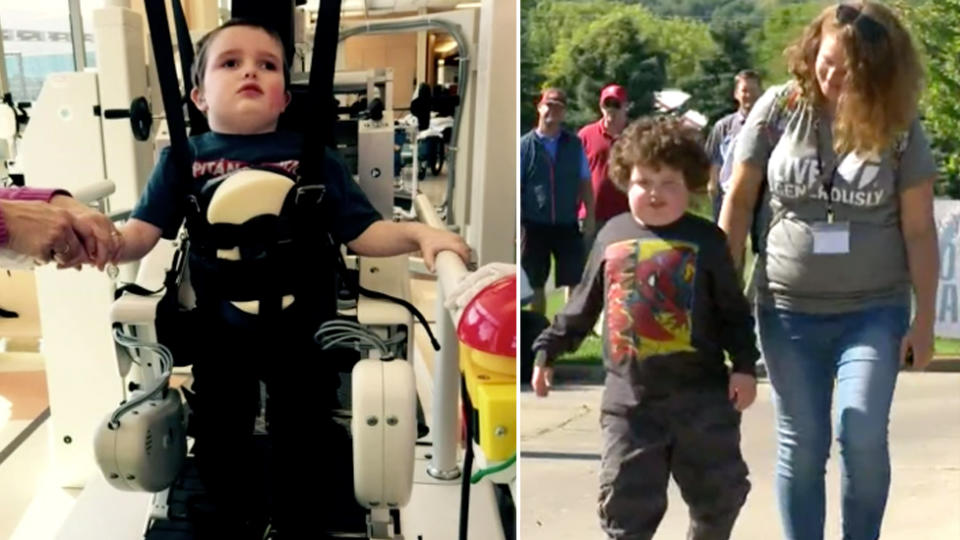 Quinn Larson after his accident in 2014 (left) and now with his mother in 2019 (right) Source: KARE 11