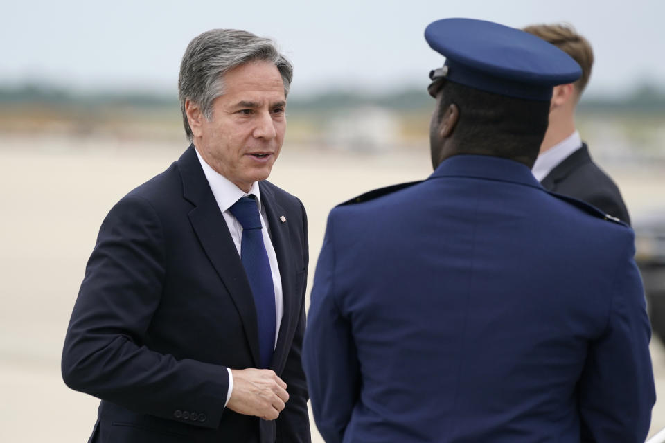 Secretary of State Antony Blinken arrives to depart Andrews Air Force Base, Md., Monday, May 24, 2021. Blinken is en route to the Middle East. (AP Photo/Alex Brandon, Pool)