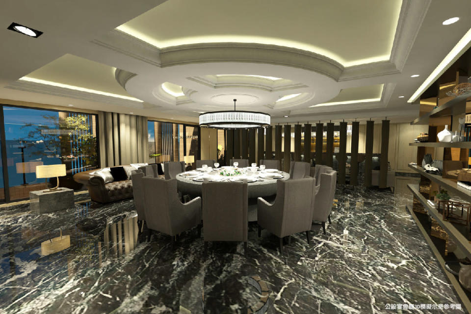 崑庭敦峰大廳公設與宴會廳3D示意圖，實際以成屋為主。