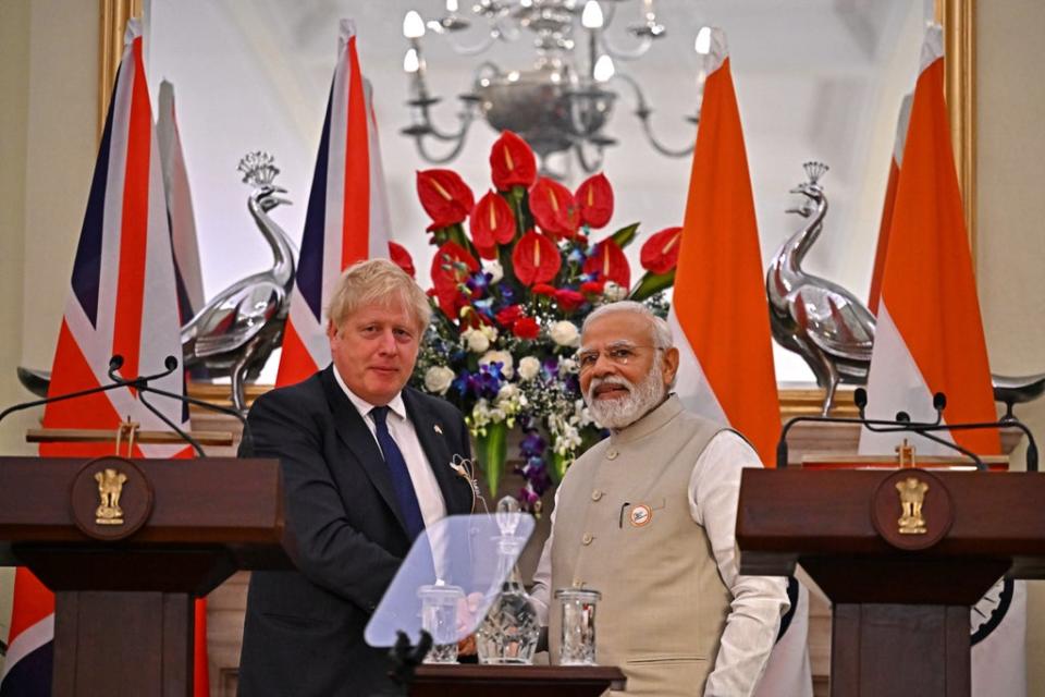 Boris Johnson with Narendra Modi at a press conference at Hyderabad House in Delhi (Ben Stansall/PA) (PA Wire)