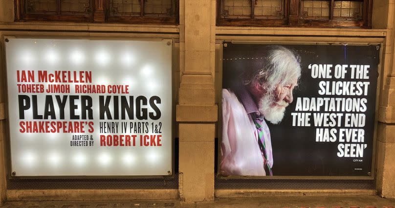 A sign for Player Kings at the Noel Coward Theatre in London, starring Sir Ian McKellen