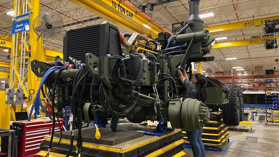 A Lockheed Martin technician works on the HIMARS production line in Camden, Arkansas. (Jen Judson/Staff)