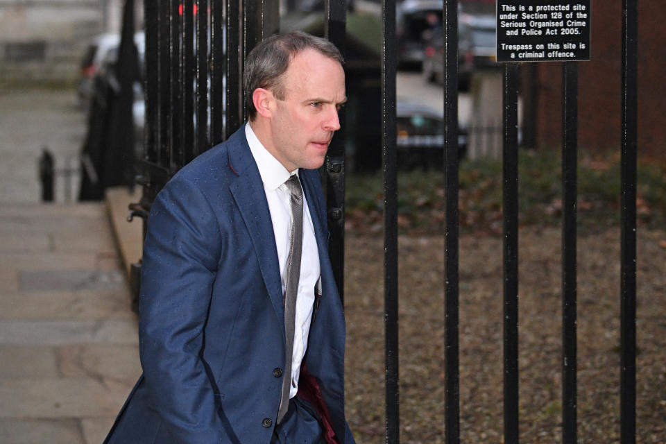 Foreign Secretary Dominic Raab arrives in Downing Street London, as Prime Minister Boris Johnson assembled key ministers to discuss the spiralling crisis in the Middle East following the US's assassination of Iran's top military leader.