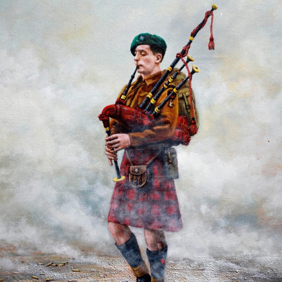 A painting of Bill Millin whose playing of the bagpipes during the Normandy landings boosted morale among the troops
