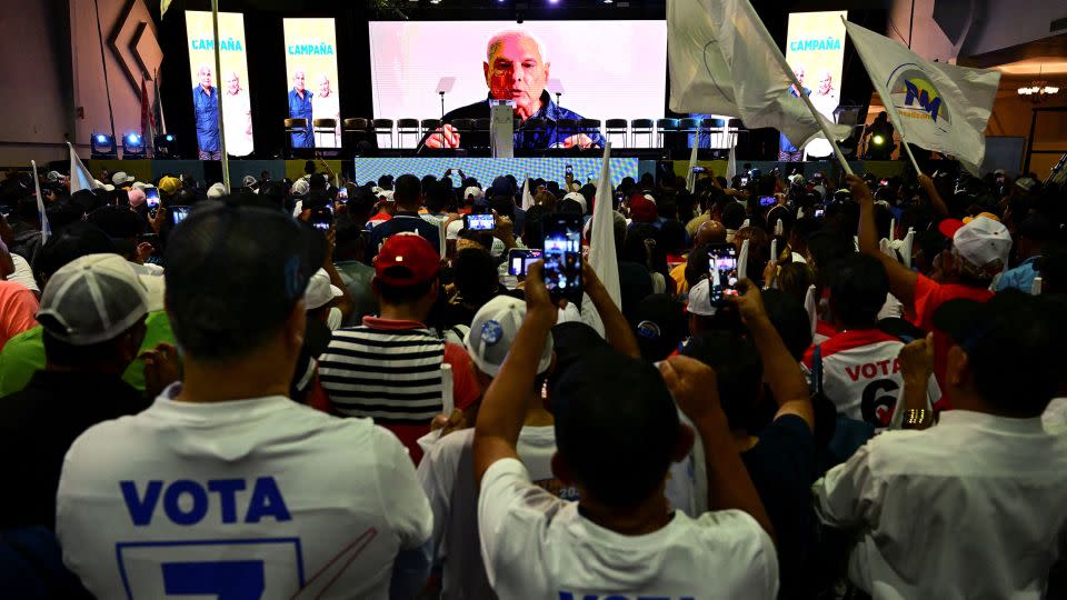 Panama's former president Ricardo Martinelli gives a remote speech in support of Mulino during his campaign closing rally in Panama City on April 28, 2024. - Martin Bernetti/AFP/Getty Images