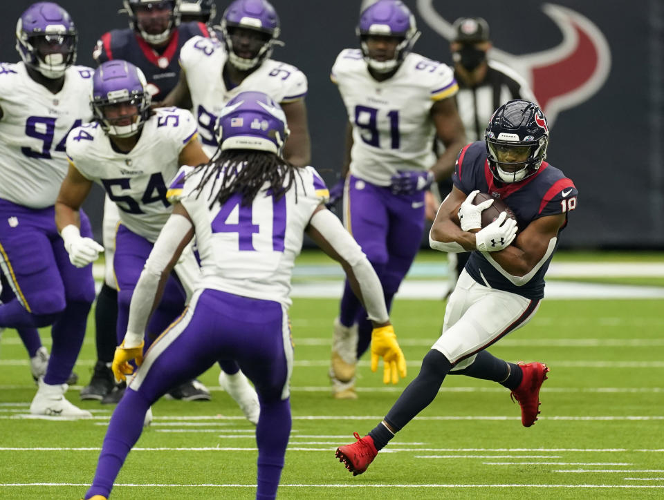 Houston Texans wide receiver Randall Cobb (18) makes a catch for a first down against the Minnesota Vikings during the second half of an NFL football game Sunday, Oct. 4, 2020, in Houston. (AP Photo/David J. Phillip)