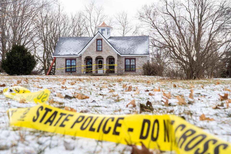 Police tape remains around the home of Mark Latunski on Tyrell Rd. In Morrice on Wednesday, January 8, 2020. Latunski is accused of killing and eating parts of his Grindr date, Kevin Bacon of Swartz Creek, at Latunski’s home.