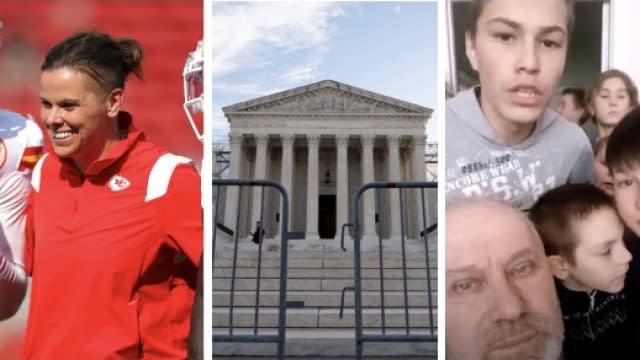Combination photo shows, from left, former NFL coach Katie Sowers, the U.S. Supreme Court, and Ukrainian orphans.