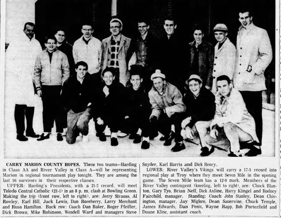 River Valley's 1962-63 boys basketball team poses for a picture before leaving for the Class A regional tournament at Troy.