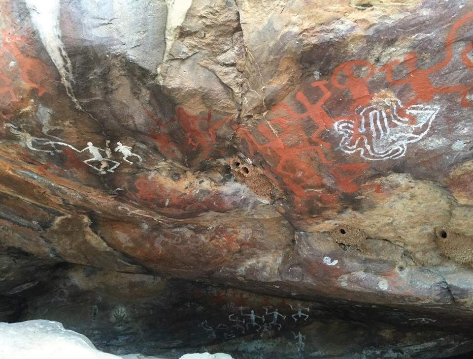 Rock art depicting inter-tribal conflict was found at Gundabooka National Park, just east of Kaakutja's grave. <cite>Antiquity Publications Ltd.</cite>