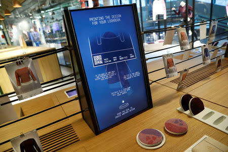 The measuring process details to order a knitting pattern are seen on a computer screen at the Adidas Knit for You store in Berlin, Germany March 7, 2017. Picture taken March 7, 2017. REUTERS/Fabrizio Bensch