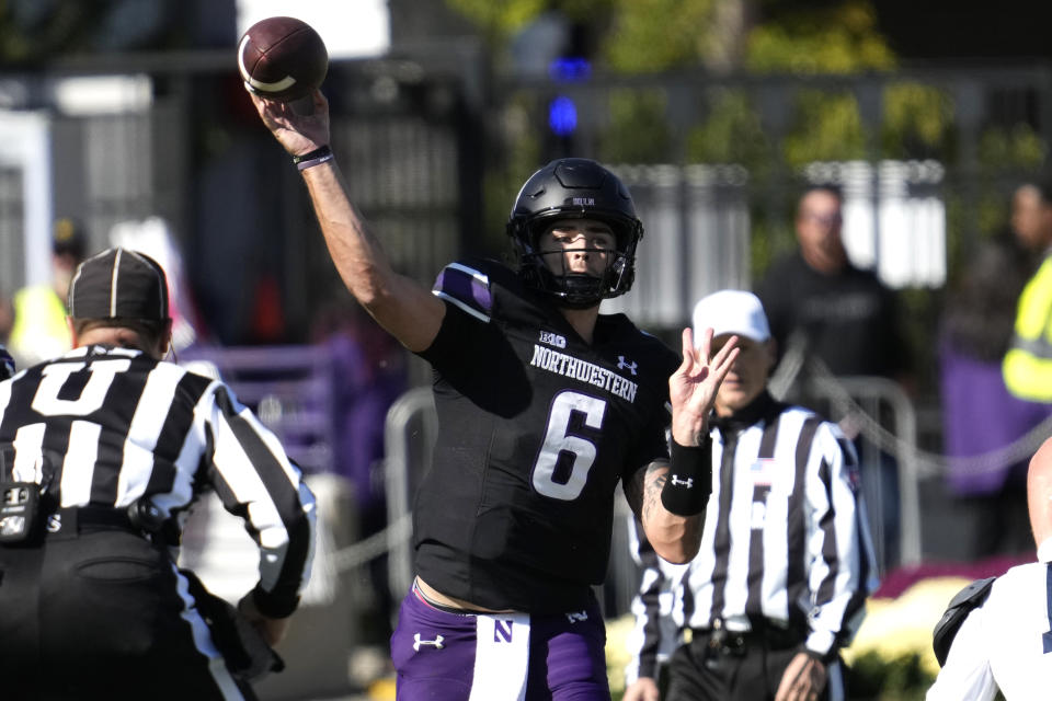 Northwestern quarterback Brendan Sullivan throws against Howard during the first half of an NCAA college football game, Saturday, Oct. 7, 2023, in Evanston, Ill. Northwestern won 23-20. (AP Photo/Nam Y. Huh)