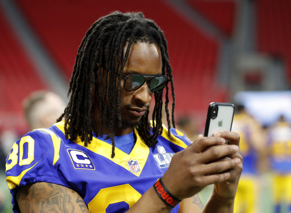 Former Los Angeles Rams running back Todd Gurley (30) wants money still owed to him by the team. (AP Photo/John Bazemore)