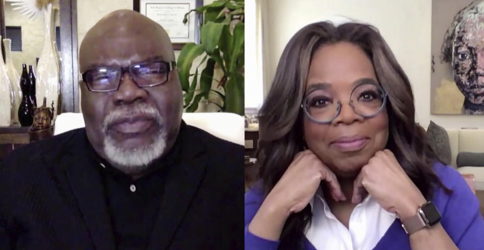 In a photo provided by The Call to Unite, bishop T.J. Jakes, left, and Oprah Winfrey speak during the 24-hour live event, which was transmitted Friday, May 1, 2020. (The Call to Unite via AP)