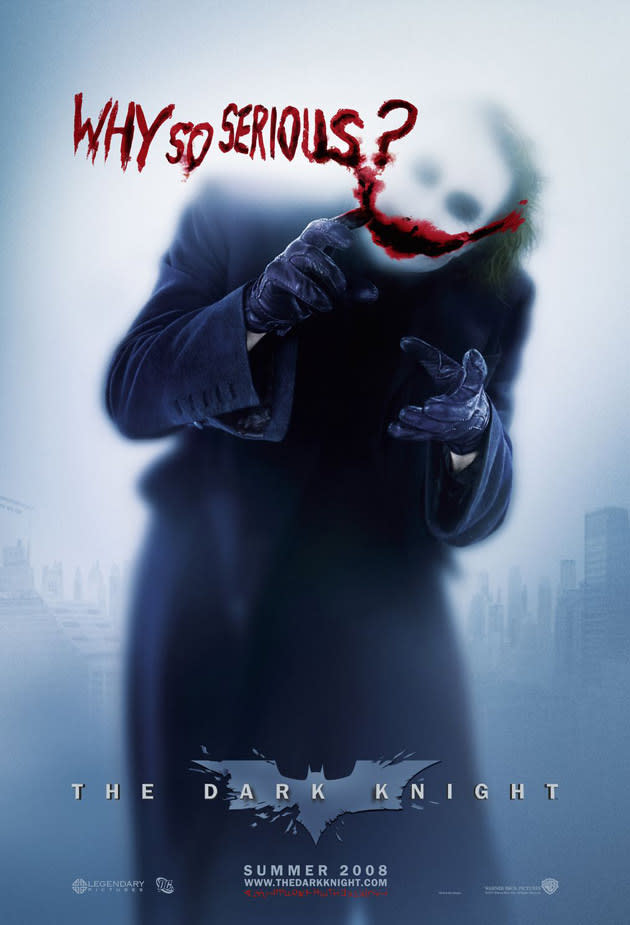 <b>’The Dark Knight’ (2008)</b><br><br> This is our favourite. A superb piece of design, teasing the audience and building up its villain. Just who’s blood is that exactly? <br><br><b>[Related feature: <a href="http://uk.movies.yahoo.com/the-dark-knight-rises--the-secrets-of-nolan%E2%80%99s-success.html" data-ylk="slk:The Dark Knight Rises - The secrets to Nolan's success;elm:context_link;itc:0;sec:content-canvas;outcm:mb_qualified_link;_E:mb_qualified_link;ct:story;" class="link  yahoo-link">The Dark Knight Rises - The secrets to Nolan's success</a> ]</b>