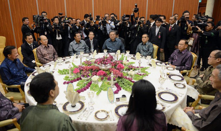 Leaders from the Association of Southeast Asian Nations attend a working dinner at the prime minister's complex in Bandar Seri Begawan on April 24, 2013. Southeast Asian leaders met in Brunei on Wednesday for talks aimed at easing tensions over the South China Sea and building momentum towards groundbreaking economic partnerships