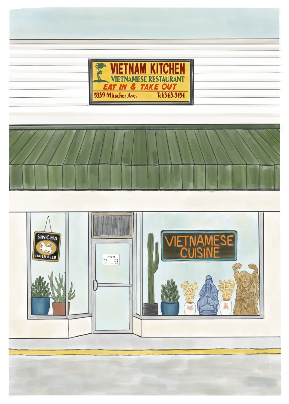 Illustration by Amy Talbott of Place & Maker Studio. "I always love seeing my customers' faces when they see this print," she says, "because people have such a connection to Vietnam Kitchen."