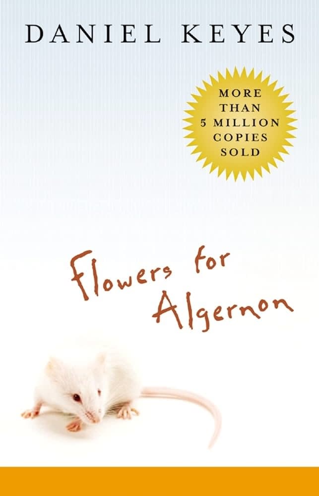 Cover of "Flowers for Algernon" by Daniel Keyes, featuring a white mouse in the center