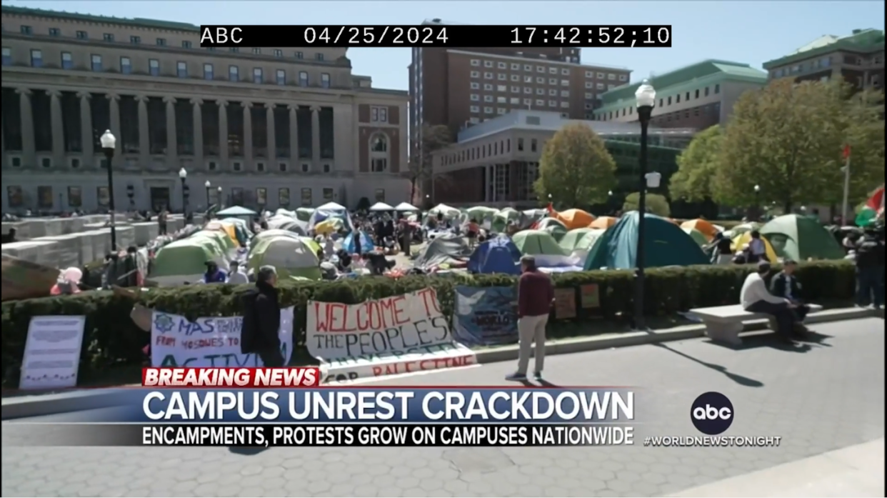 A screenshot from ABC's live reporting on the Columbia University pro-Palestinian protest on April 25, 2024, shows the 'campus unrest crackdown.' Vanderbilt Television News Archive, Author provided
