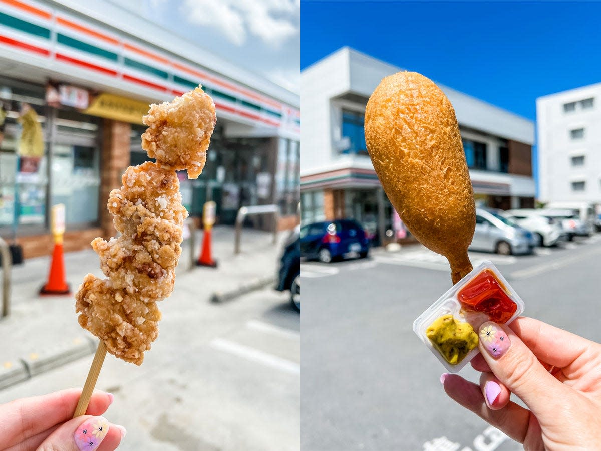 fried chicken and corndog from 7-Eleven in japan