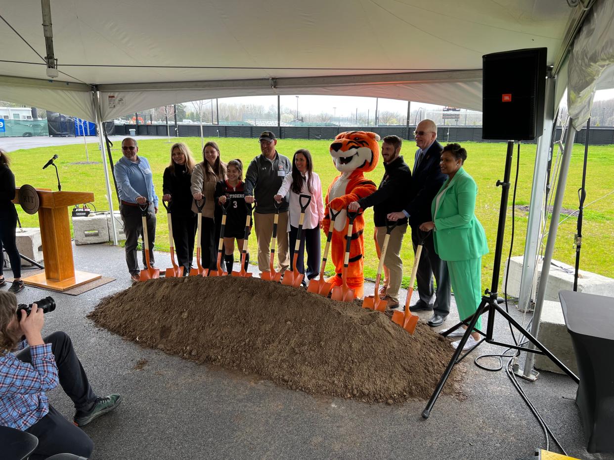 Rochester Institute of Technology held a ceremonial groundbreaking for its new Tiger Stadium on Thursday, April 18, 2024. The facility is expected to be ready in the fall of 2025.