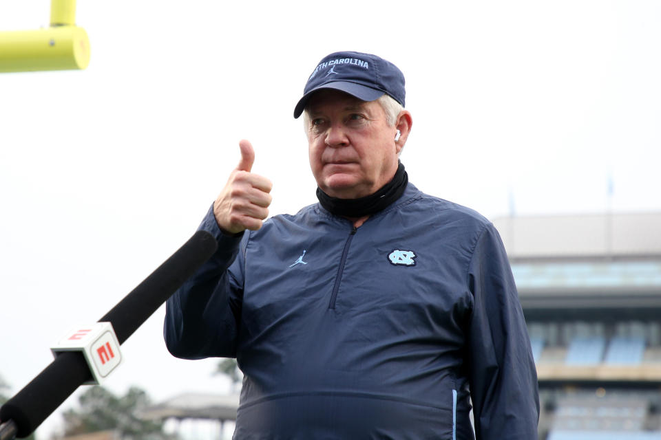 North Carolina coach Mack Brown gives a thumbs up before a game against Virginia Tech on Oct. 10, 2020. (Andy Mead/ISI Photos/Getty Images)