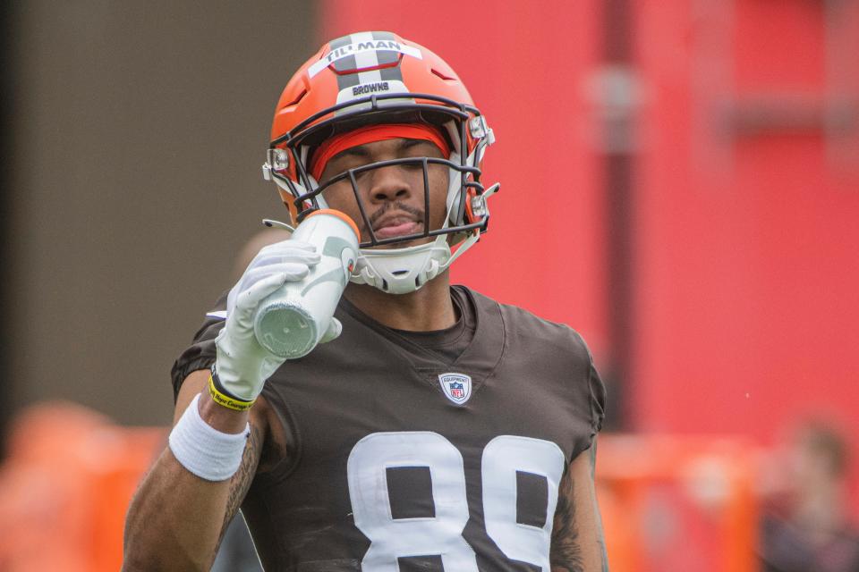 Cedric Tillman takes a break during Browns rookie minicamp in Berea, Friday, May 12, 2023.