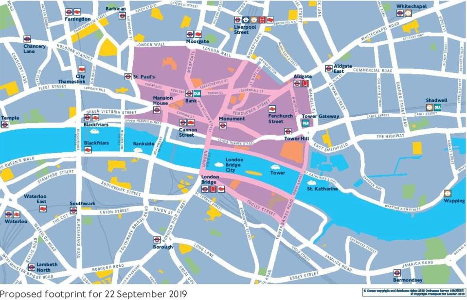 Plans include a car-free zone in central London, shown in pink on this map. Some areas like London Bridge up to Bishopsgate will have buses but no other vehicles. (Transport for London)