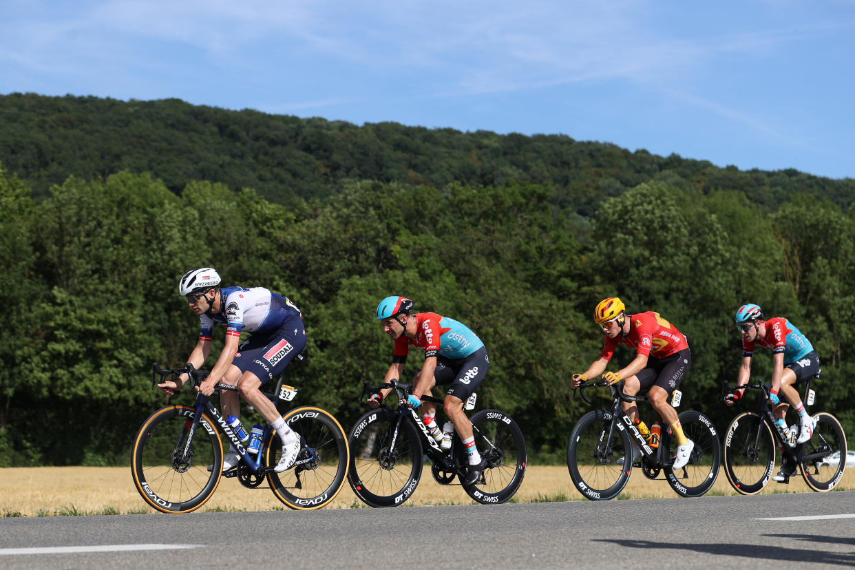  Kasper Asgreen of Denmark and Team Soudal - Quick Step, Victor Campenaerts of Belgium and Team Lotto Dstny, Jonas Abrahamsen of Norway and Uno-X Pro Cycling Team and Pascal Eenkhoorn of The Netherlands and Team Lotto Dstny compete in the breakaway during the stage eighteen of the 110th Tour de France 2023 