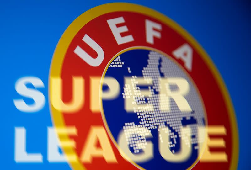 Super League words are seen in front of the UEFA logo in this illustration