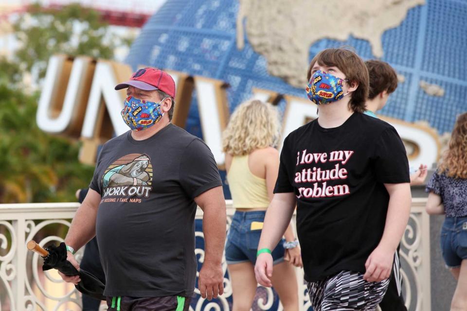 Visitors arrive at Universal Studios theme park on the first day of reopening after the shutdown during the coronavirus pandemic, on June 5, 2020, in Orlando, Florida.