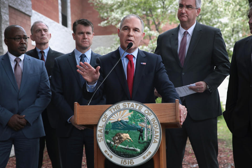 EPA Administrator Scott Pruitt speaks to the media after meeting residents at the West Calumet Housing Complex in East Chicago, Indiana, on April 19. Nearly all the residents were ordered to move because of&nbsp;high lead levels. It&nbsp;is now an EPA Superfund site. (Photo: Scott Olson via Getty Images)