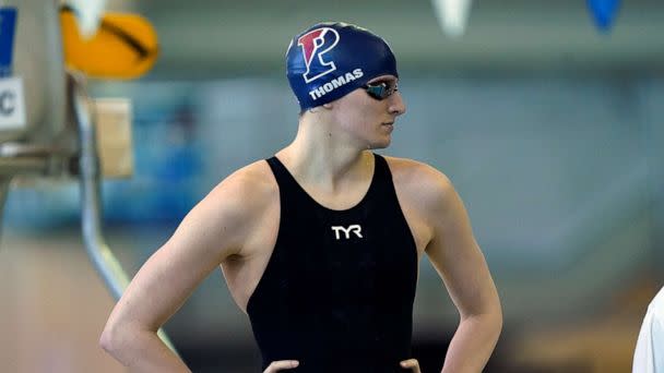 PHOTO: University of Pennsylvania athlete Lia Thomas prepares for the 500 meter freestyle at the NCAA Swimming and Diving Championships, March 17, 2022, at Georgia Tech in Atlanta. (John Bazemore/AP, FILE)