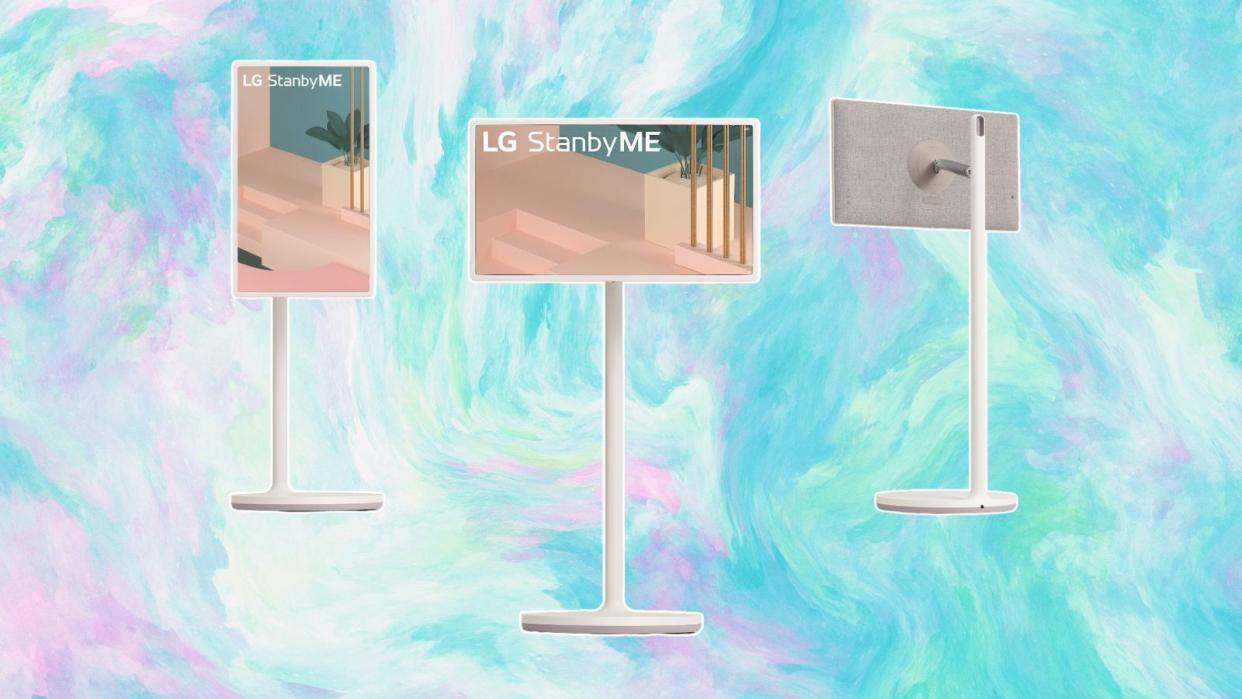  Pictures of the LG StandByME in three different directions on multicolored blue and pink background. 