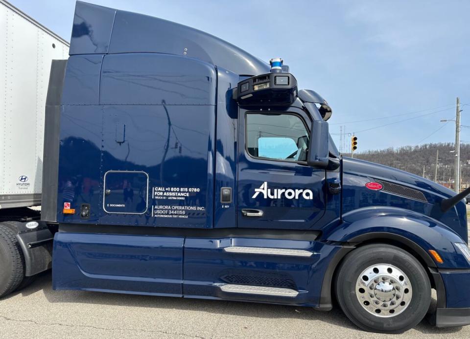 An Aurora Innovation autonomous truck operated without a driver at a Pittsburgh test facility in March. (Photo: Alan Adler/FreightWaves)