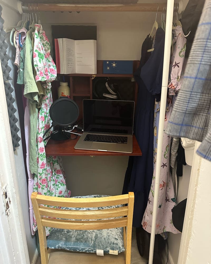 Desk in closet turned home office.
