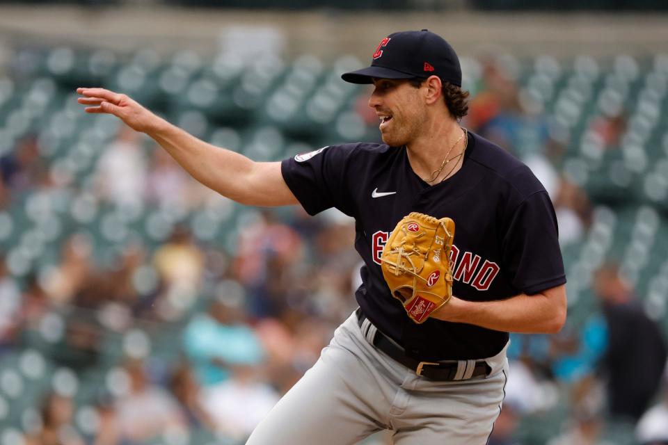 Guardians pitcher Shane Bieber pitches in the first inning against the Tigers on Tuesday, Aug. 9, 2022, at Comerica Park.