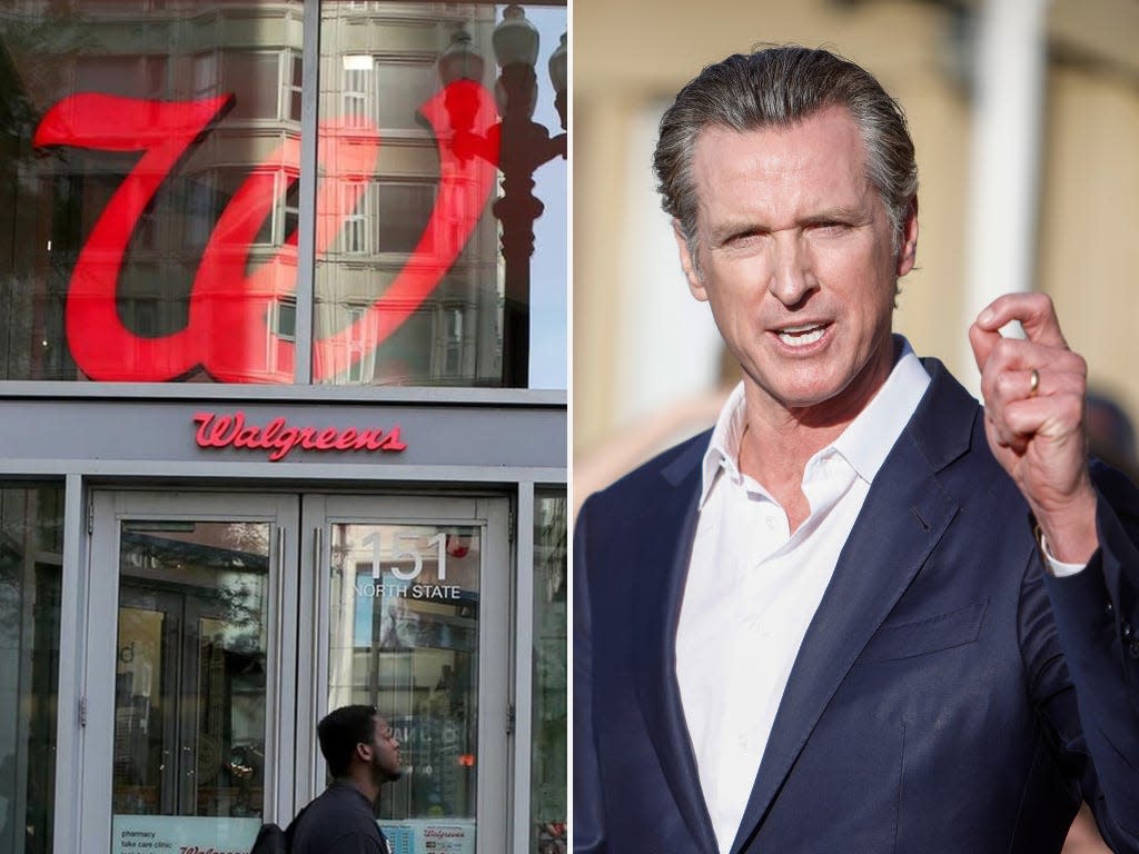 A Walgreens store sign (left). Left: California Gov. Gavin Newsom, with his hand raised in a gesture to emphasize his point.