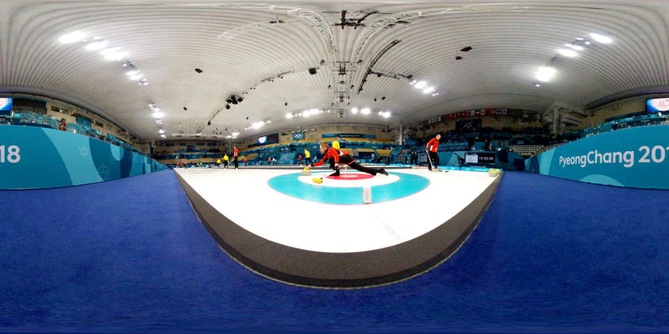 <p>Oliver Dupont of Denmark delivers a stone during a Curling training session at the Gangneung Curling Centre on February 13, 2018 in Pyeongchang-gun, South Korea. (Photo by Dan Istitene/Getty Images) </p>