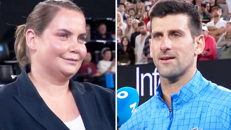 Jelena Dokic, pictured here quizzing Novak Djokovic after his win at the Australian Open.