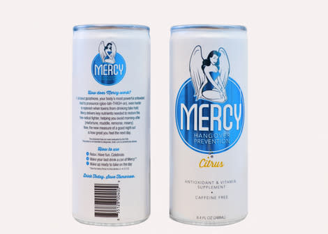 Mercy is a caffeine-free, non-alcoholic beverage that helps prevent hangovers and it just launched its newly designed can featuring an angel and blue shield. 