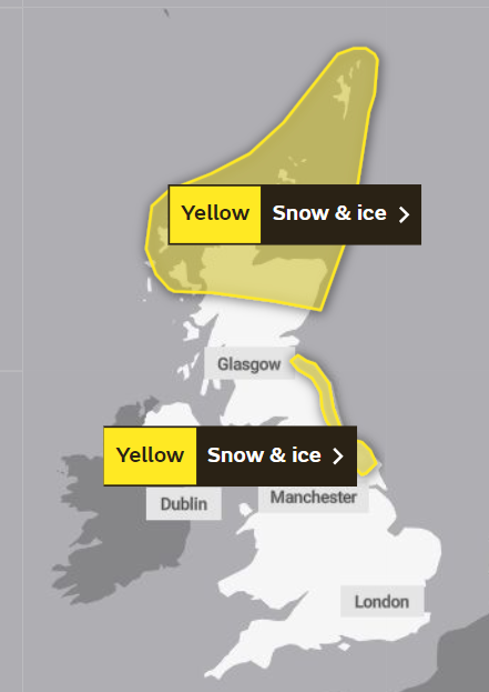 A snow warning is in place across northern Scotland and the North East of England (The Met Office)